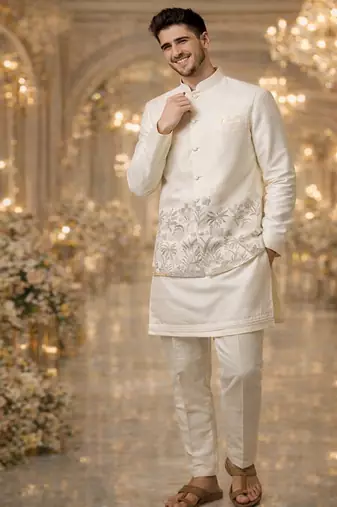 off white silk kurta koti set with embroidered border