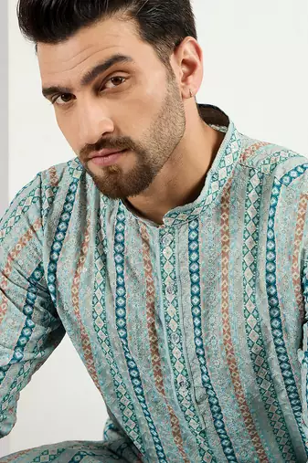 Men teal viscose rayon geometric embroidered chikankari straight kurta
