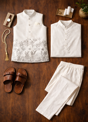 off white silk kurta koti set with embroidered border 5