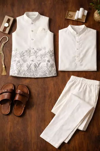 off white silk kurta koti set with embroidered border