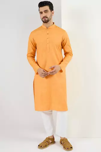 Men yellow cotton solid woven design straight kurta