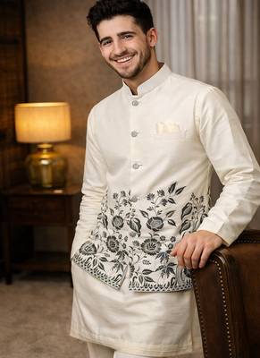 off white silk blend kurta koti set with thread work 2