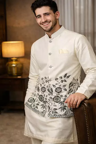 off white silk blend kurta koti set with thread work