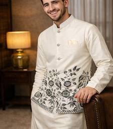 Off white color embroidery sequence work slub silk kurta koti pant set