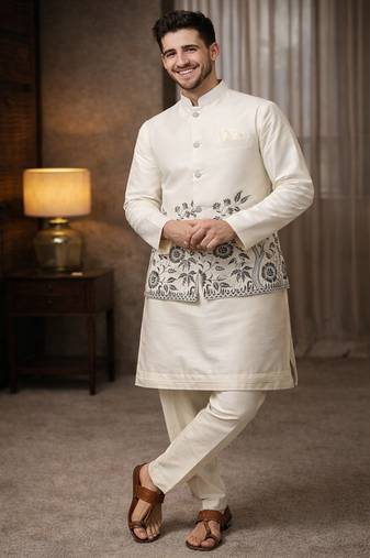 Off white color embroidery sequence work slub silk kurta koti pant set