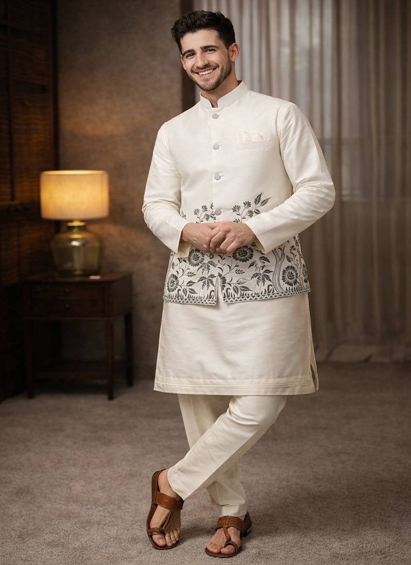 Off white color embroidery sequence work slub silk kurta koti pant set