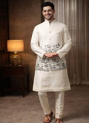 off white silk blend kurta koti set with thread work 3