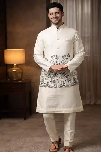 off white silk blend kurta koti set with thread work