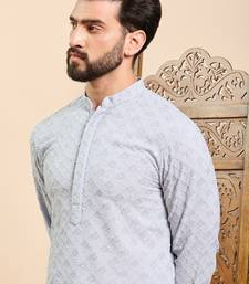 Mens blue viscose rayon solid embroidered ethnic straight chikankari kurta