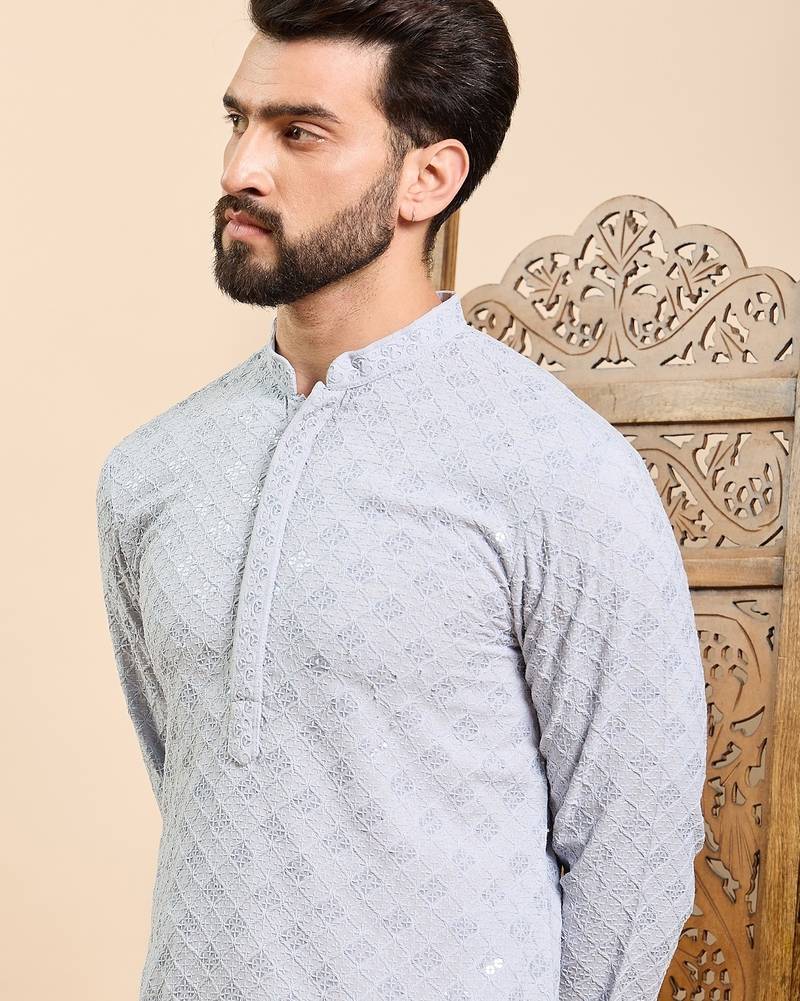 Mens blue viscose rayon solid embroidered ethnic straight chikankari kurta