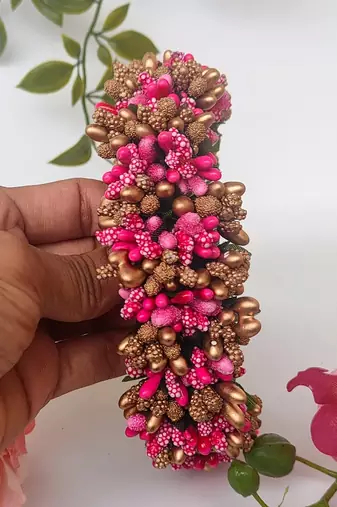 pink gold paper hair gajra with pollen work