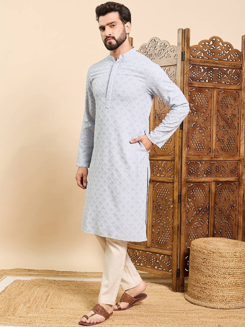 Mens blue viscose rayon solid embroidered ethnic straight chikankari kurta