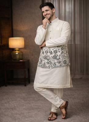 off white silk blend kurta koti set with thread work 4