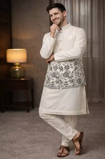 off white silk blend kurta koti set with thread work