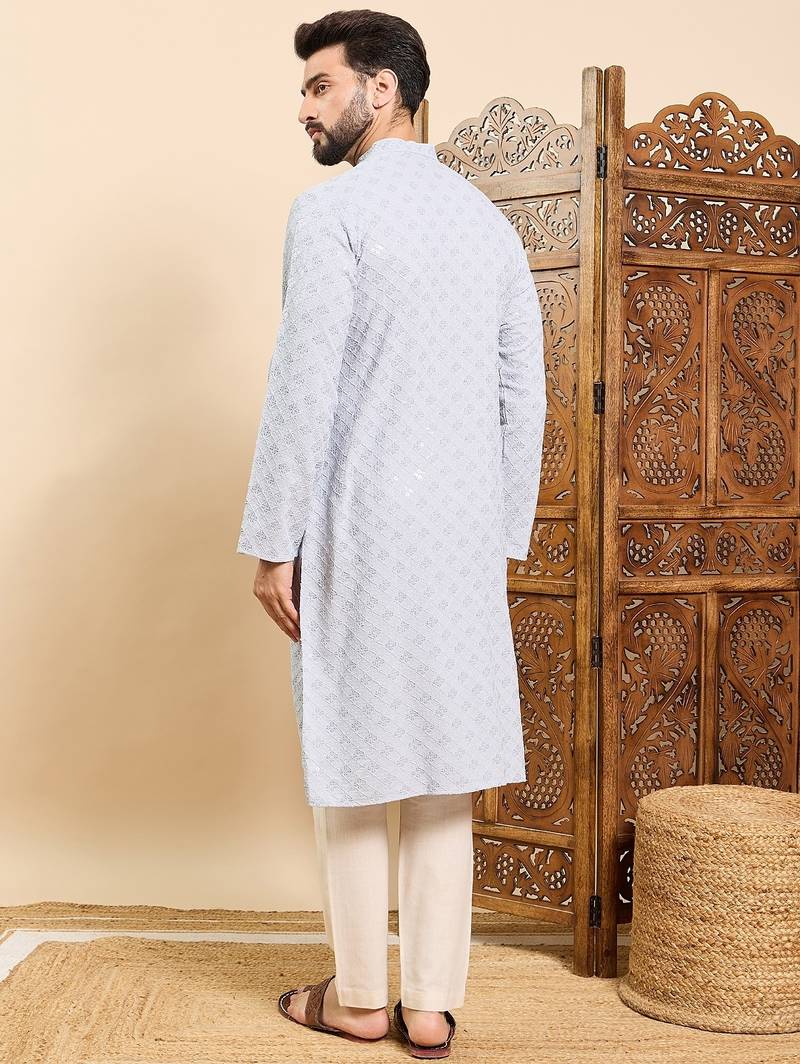 Mens blue viscose rayon solid embroidered ethnic straight chikankari kurta