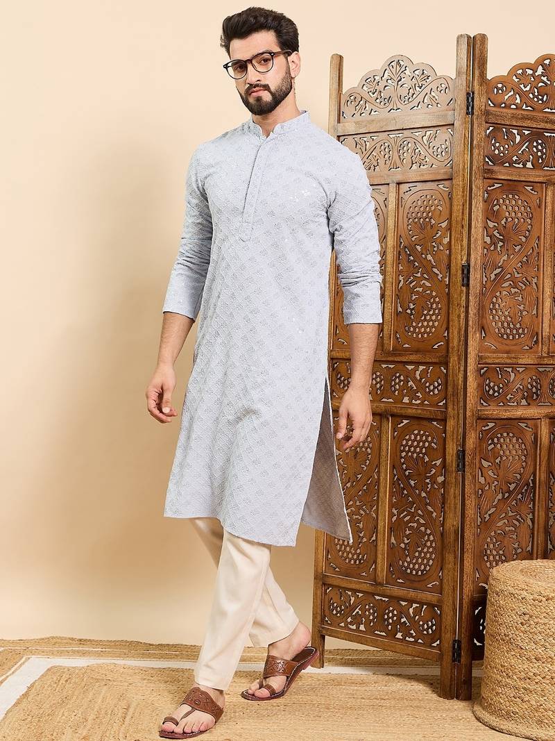 Mens blue viscose rayon solid embroidered ethnic straight chikankari kurta