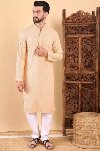 Men cream viscose rayon solid embroidered straight kurta