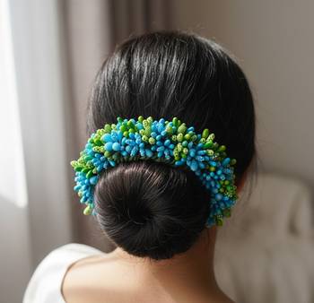 green blue paper hair gajra with pollen work 1