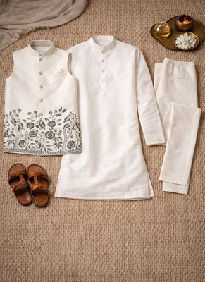 off white silk blend kurta koti set with thread work 5