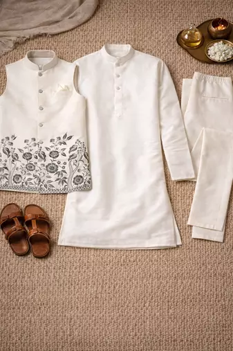 off white silk blend kurta koti set with thread work