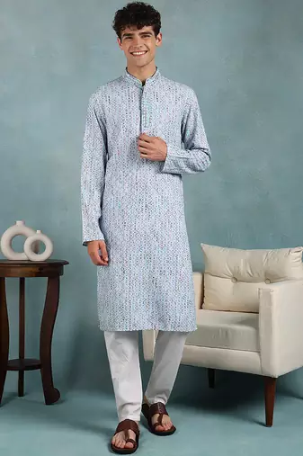 Men blue viscose rayon abstract embroidered straight kurta