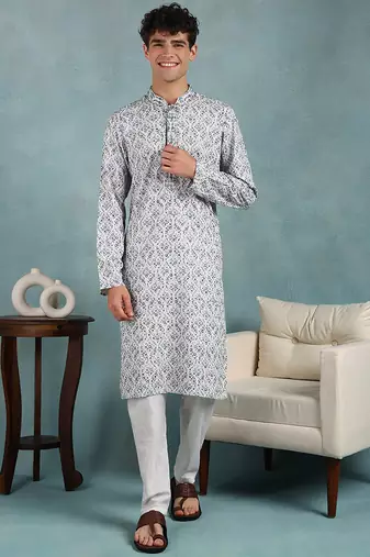Men blue viscose rayon abstract embroidered straight kurta