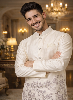 off white silk blend kurta koti set with thread embroidery 2