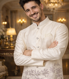 Off white color embroidery sequence work slub silk kurta koti pant set