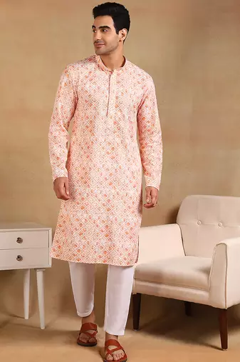 Men orange viscose rayon geometric embroidered straight kurta