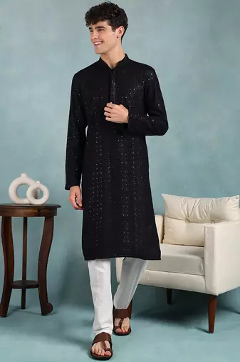 Men navy blue viscose rayon solid embroidered straight kurta