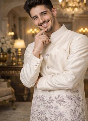 off white silk blend kurta koti set with thread embroidery 3