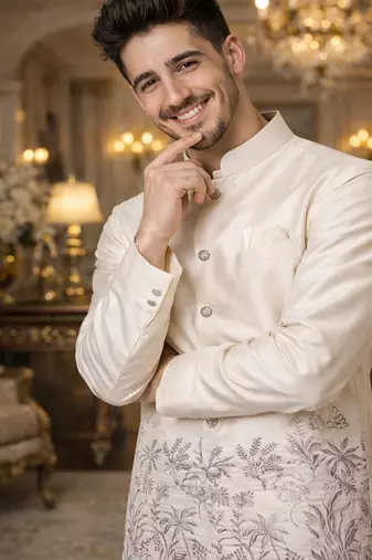 off white silk blend kurta koti set with thread embroidery
