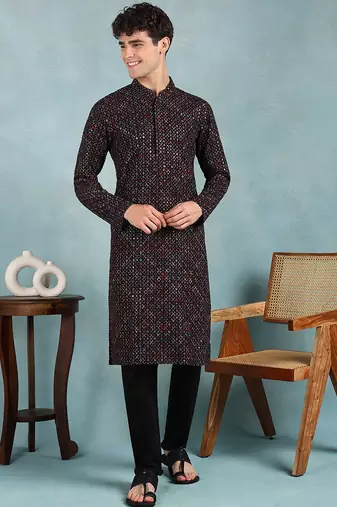 Men black viscose rayon ethnic motifs embroidered straight kurta