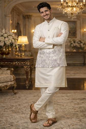 Off white color embroidery sequence work slub silk kurta koti pant set