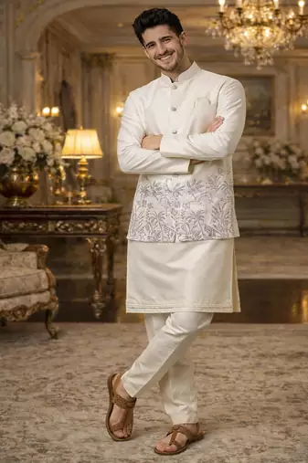 Off white color embroidery sequence work slub silk kurta koti pant set