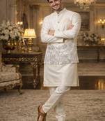 Off white color embroidery sequence work slub silk kurta koti pant set