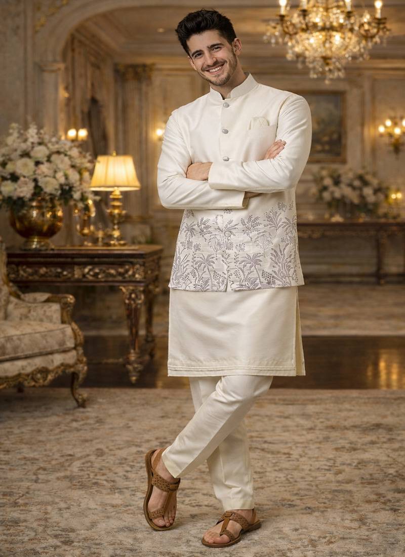 Off white color embroidery sequence work slub silk kurta koti pant set