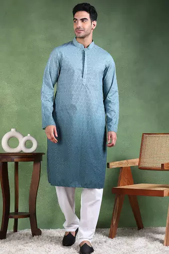 Men Blue viscose rayon solid embroidered straight kurta
