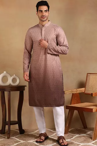 Men brown viscose rayon dyed embroidered straight kurta