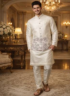 off white silk blend kurta koti set with thread embroidery 4