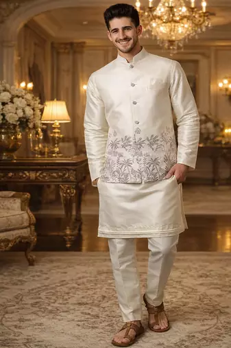off white silk blend kurta koti set with thread embroidery