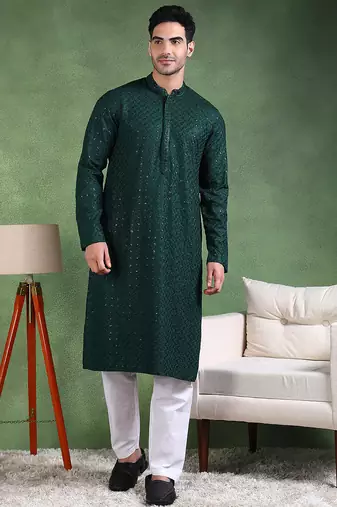 Men green viscose rayon solid embroidered straight kurta