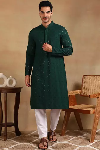 Men green viscose rayon solid embroidered straight kurta