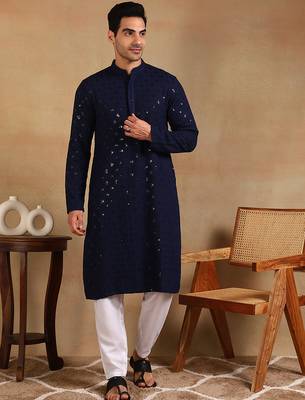 Men navy blue viscose rayon solid embroidered straight kurta 1