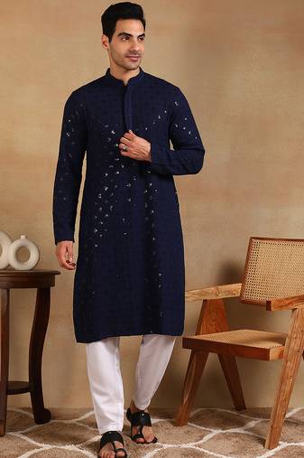 Men navy blue viscose rayon solid embroidered straight kurta