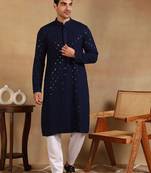 Men navy blue viscose rayon solid embroidered straight kurta