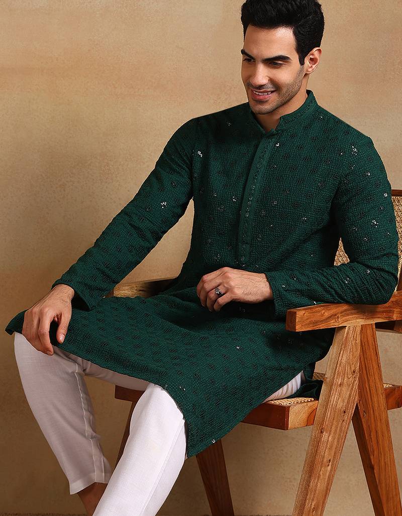 Men green viscose rayon solid embroidered straight kurta