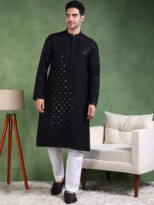 Men black viscose rayon solid embroidered straight kurta 1