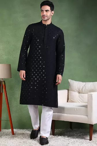 Men black viscose rayon solid embroidered straight kurta