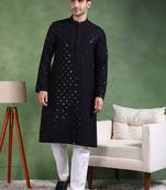 Men black viscose rayon solid embroidered straight kurta